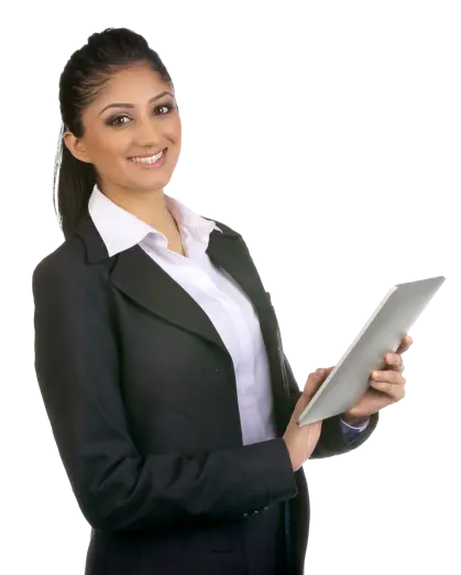 A woman in business attires smiles